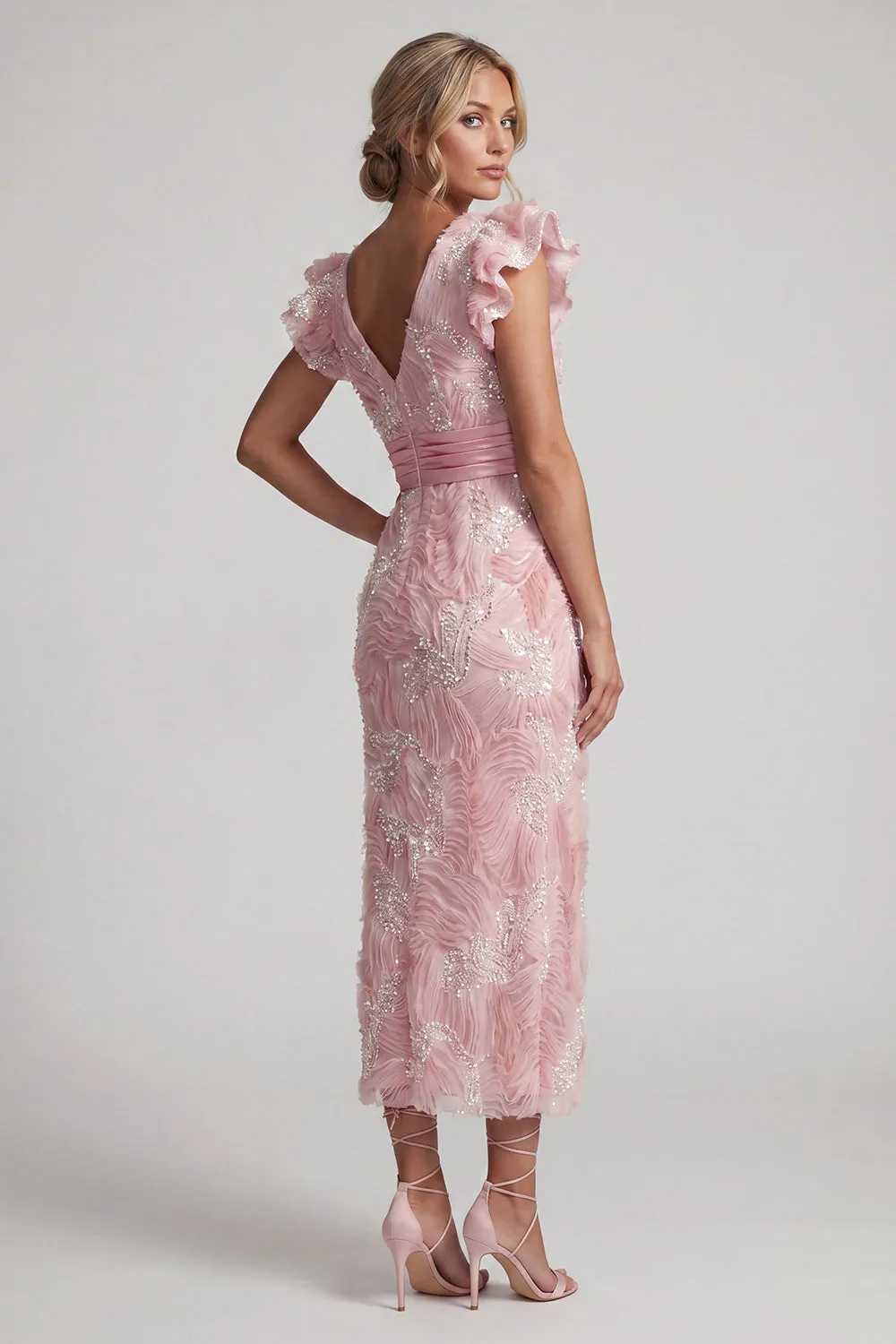 Sparkly Blush Sheath V-Neck Beaded Long Mother of the Bride Dress with Ruffles sold by Zapaka product image thumbnail 4
