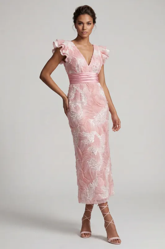 Sparkly Blush Sheath V-Neck Beaded Long Mother of the Bride Dress with Ruffles made by Zapaka