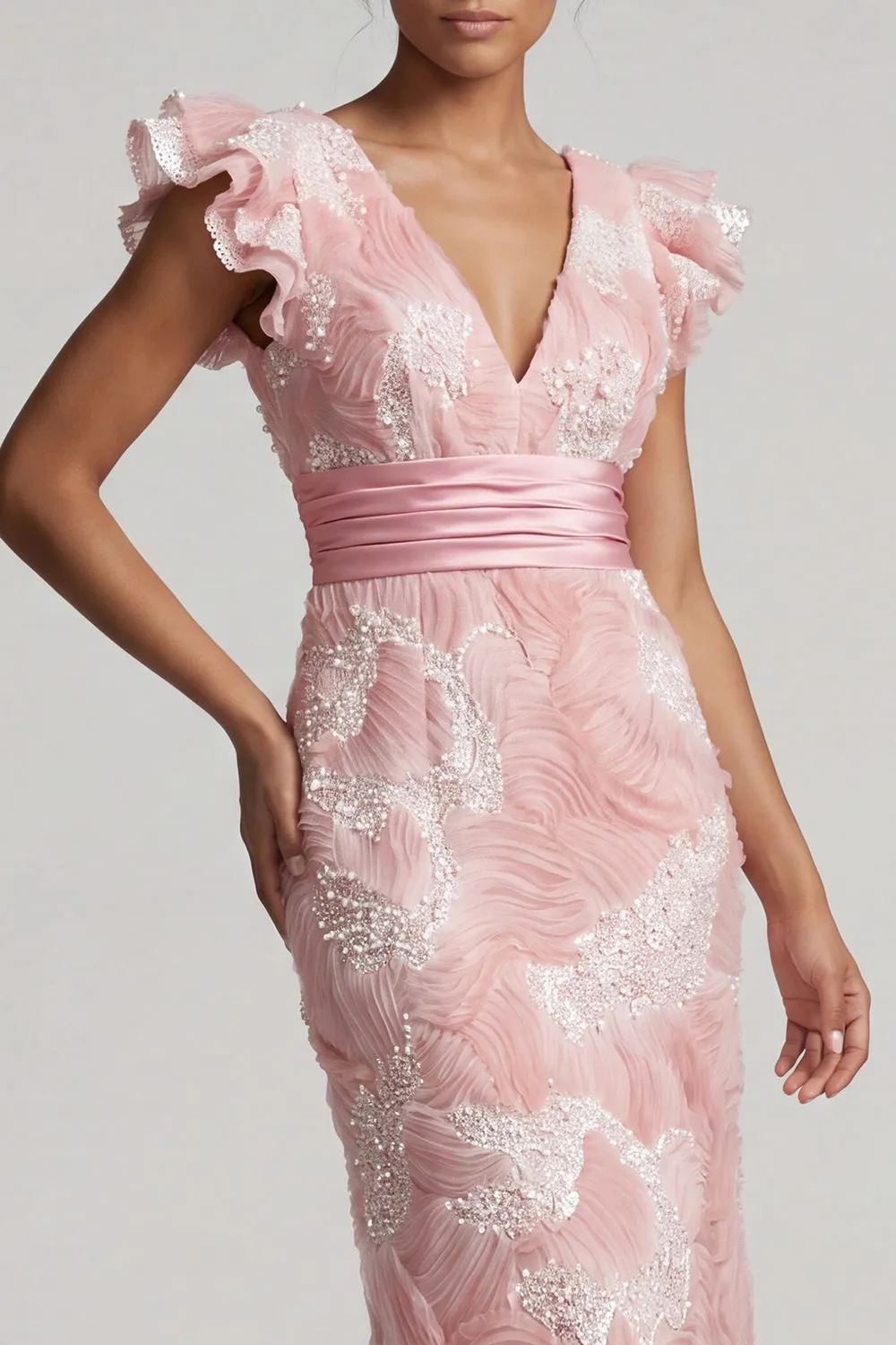 Sparkly Blush Sheath V-Neck Beaded Long Mother of the Bride Dress with Ruffles sold by Zapaka product image thumbnail 5