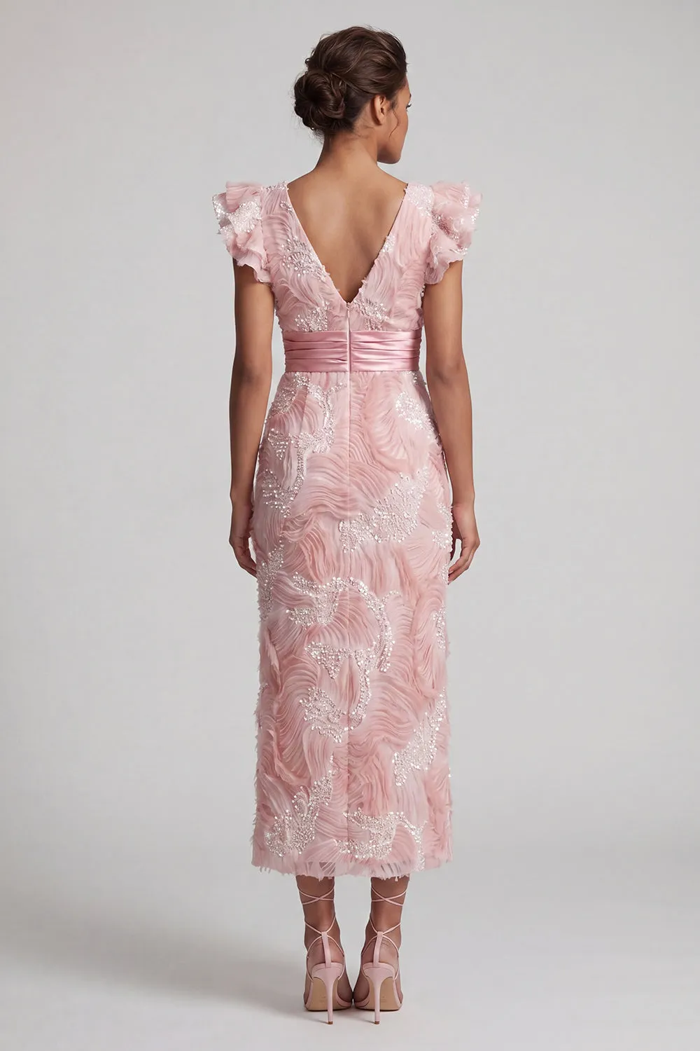 Sparkly Blush Sheath V-Neck Beaded Long Mother of the Bride Dress with Ruffles sold by Zapaka product image thumbnail 2
