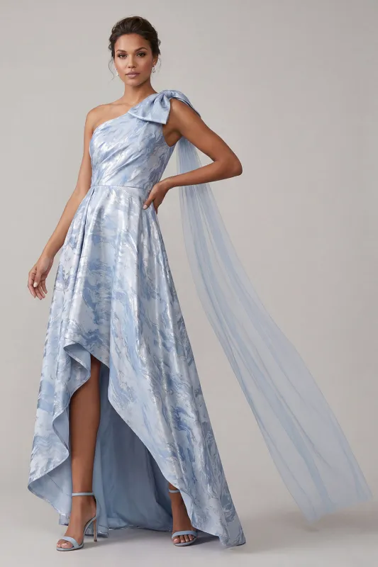Sky Blue Floral A Line High Low Mother of the Bride Dress with Bow made by Zapaka