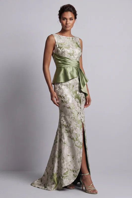 Light Green Floral Mermaid Ruched Long Mother of the Bride Dress with Sash made by Zapaka