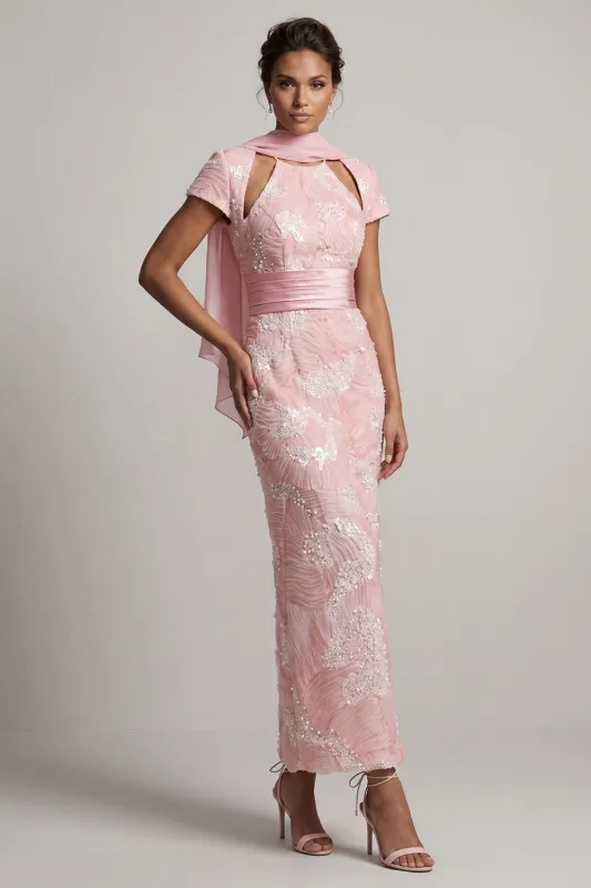 Sparkly Blush Long Sheath Short Sleeves Keyhole Beaded Mother of the Bride Dress made by Zapaka