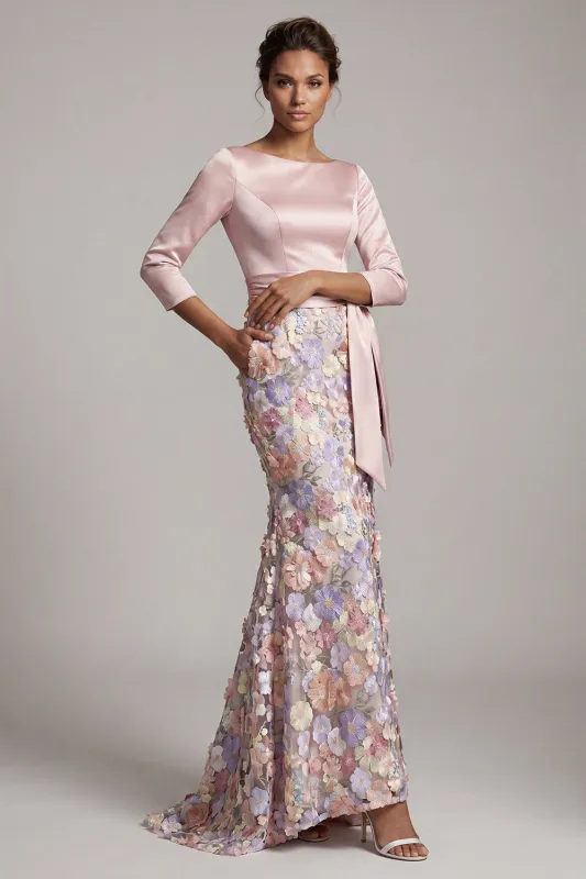Boat Neck Blush Long Mermaid Floral Mother of the Bride Dress with Pockets made by Zapaka