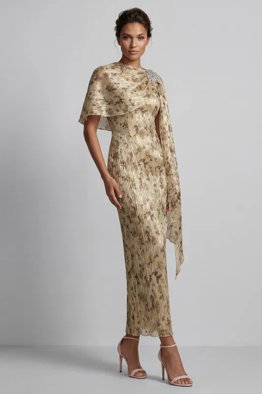 Champagne Beaded Sheath Long Floral Mother of the Bride Dress with Cape made by Zapaka