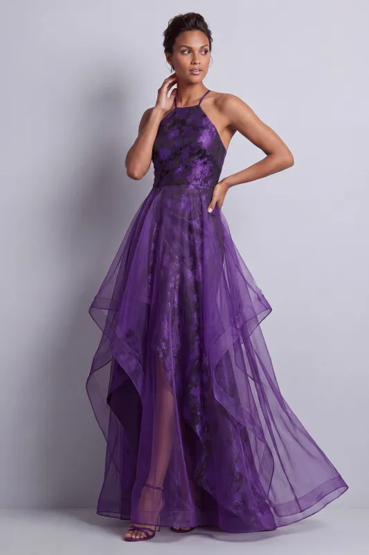 Halter Dark Purple Floral Long A Line Mother of the Bride Dress with Ruffles made by Zapaka