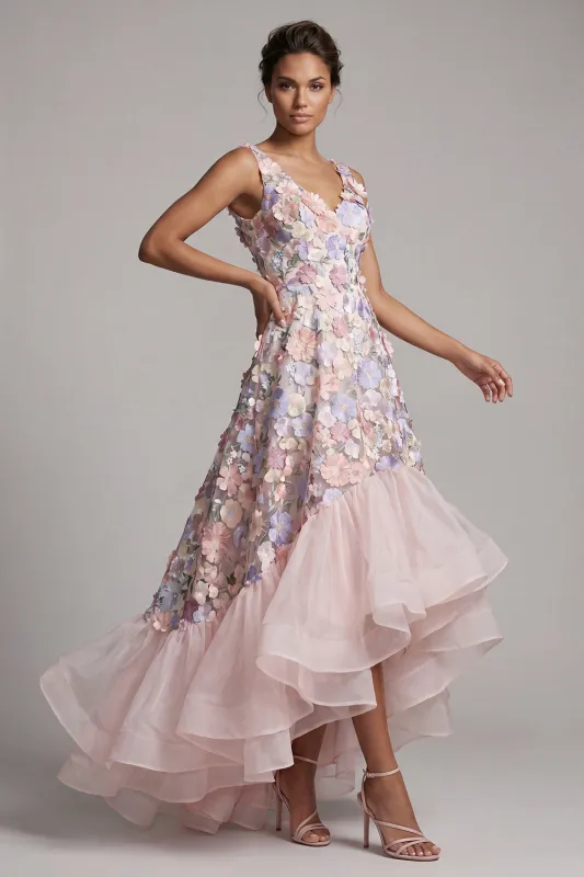 A Line Blush High Low Floral V-Neck Mother of the Bride Dress with Ruffles made by Zapaka