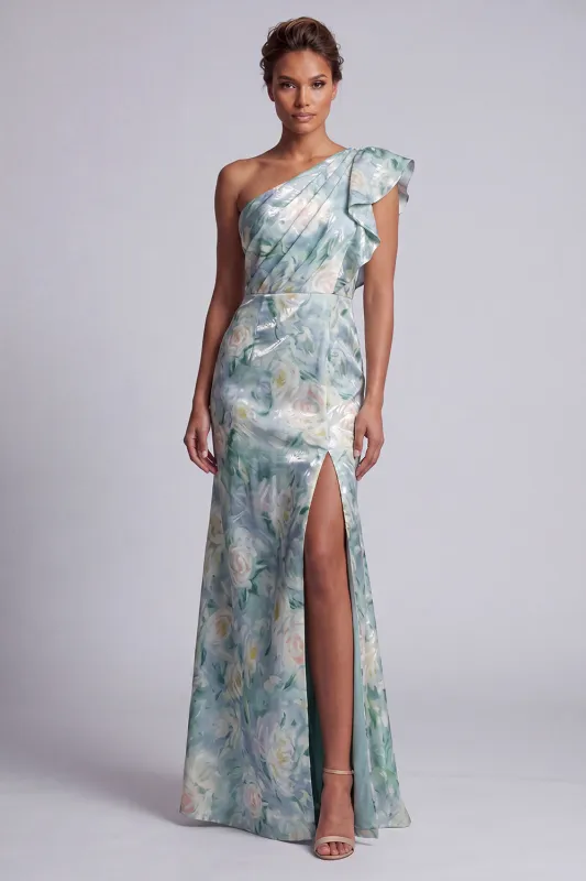 Mermaid Ruffled Light Green Floral Long Mother of the Bride Dress with Slit made by Zapaka
