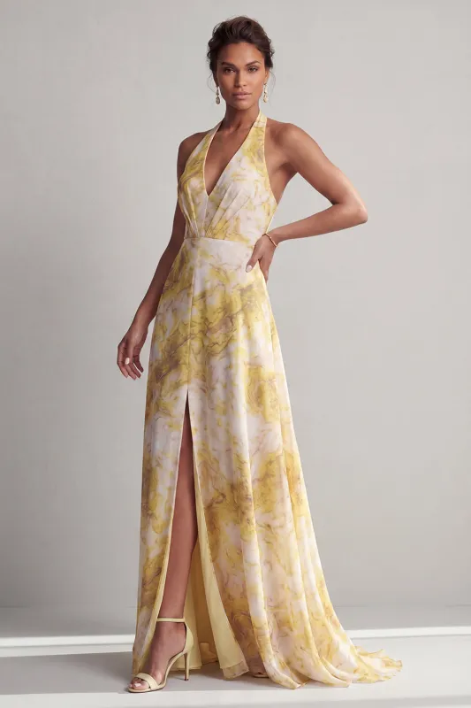 Halter A Line Long Yellow Floral Printed Mother of the Bride Dress with Slit made by Zapaka
