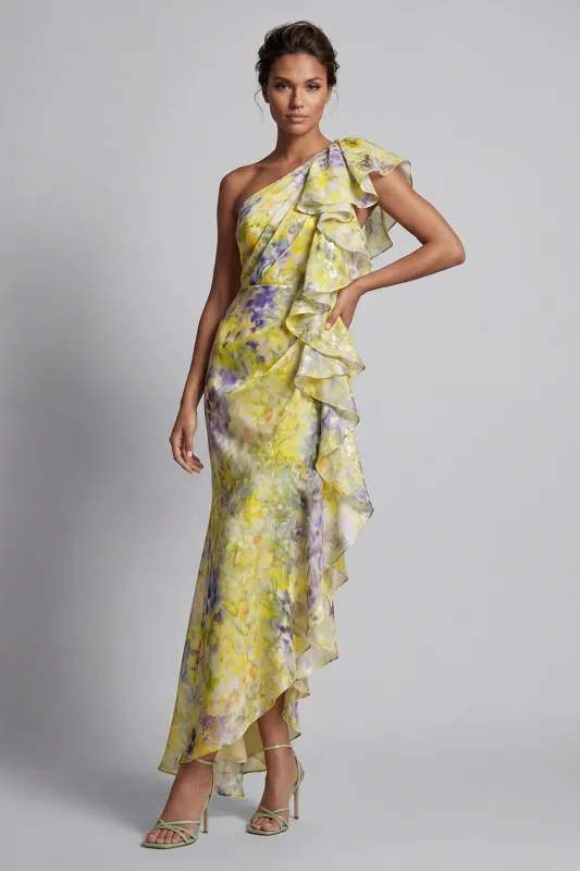 Yellow Floral Mermaid Long Printed Mother of the Bride Dress with Ruffles made by Zapaka