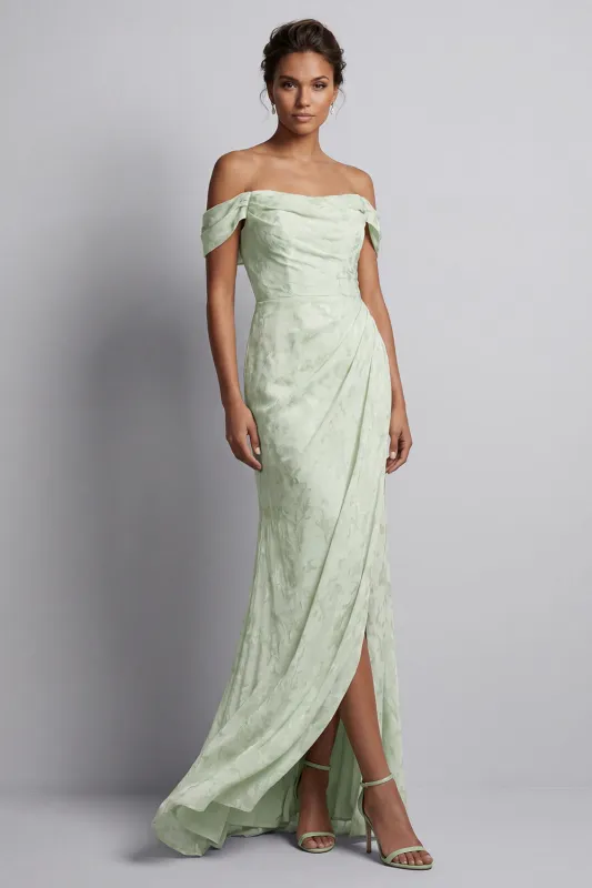 Light Green Ruched Long Mermaid Floral Mother of the Bride Dress with Slit made by Zapaka