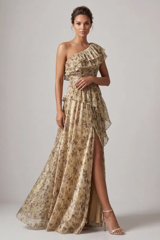 A Line Champagne Long Floral Ruffled Mother of the Bride Dress with Slit made by Zapaka