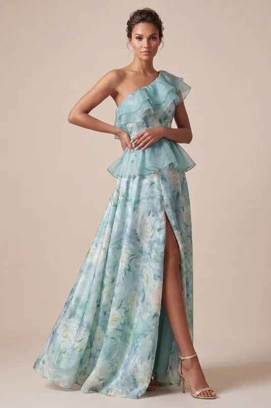 One Shoulder Light Green A Line Ruffled Mother Of the Bride Dress made by Zapaka