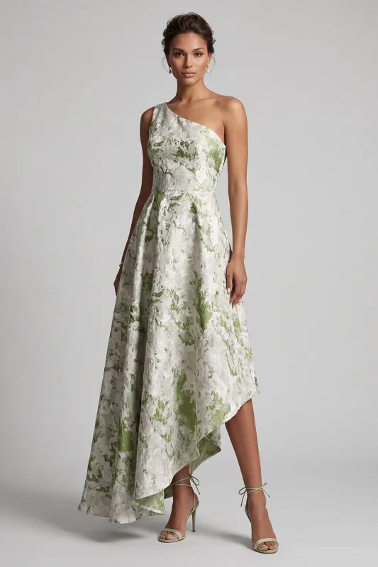 One Shoulder Light Green A Line Printed Mother Of the Bride Dress made by Zapaka