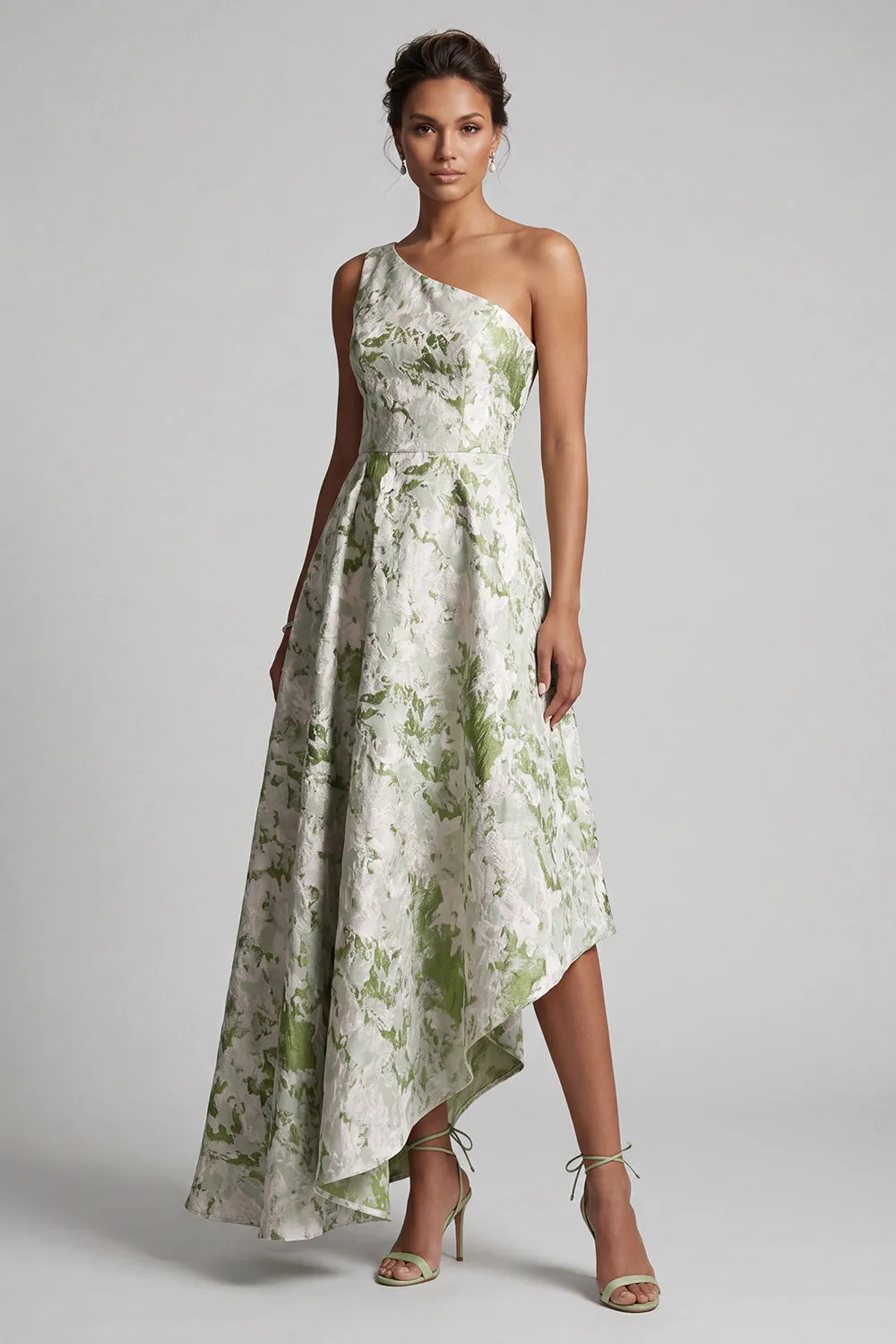 One Shoulder Light Green A Line Printed Mother Of the Bride Dress sold by Zapaka