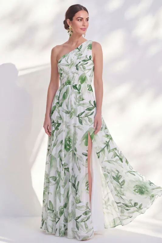 One Shoulder Green A-Line Floral Chiffon Long Mother Of the Bride Dress with Slit made by Zapaka