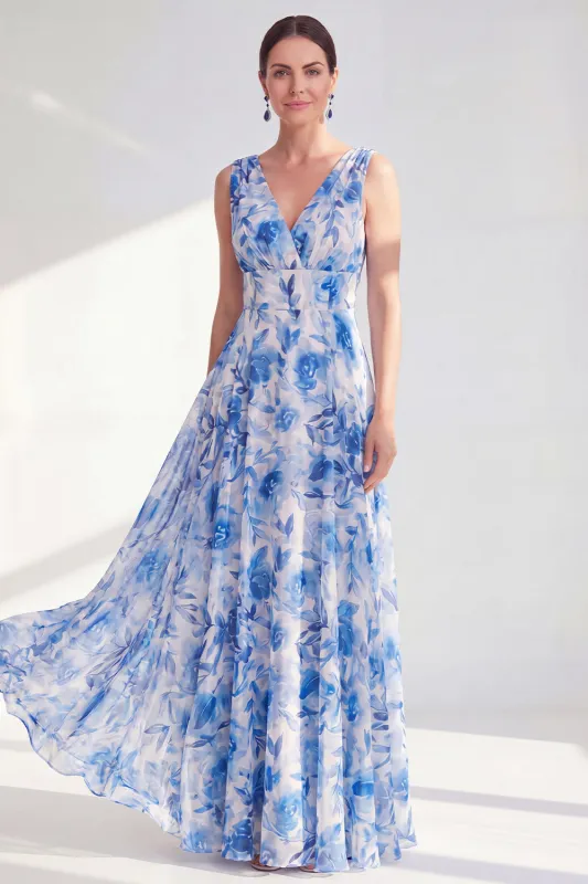 A-Line Blue V-Neck Floral Chiffon Long Mother Of the Bride Dress made by Zapaka
