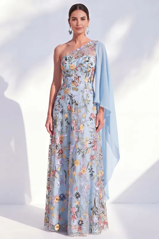 Blue A-Line One Shoulder Floral Long Mother Of the Bride Dress with Side Cape made by Zapaka