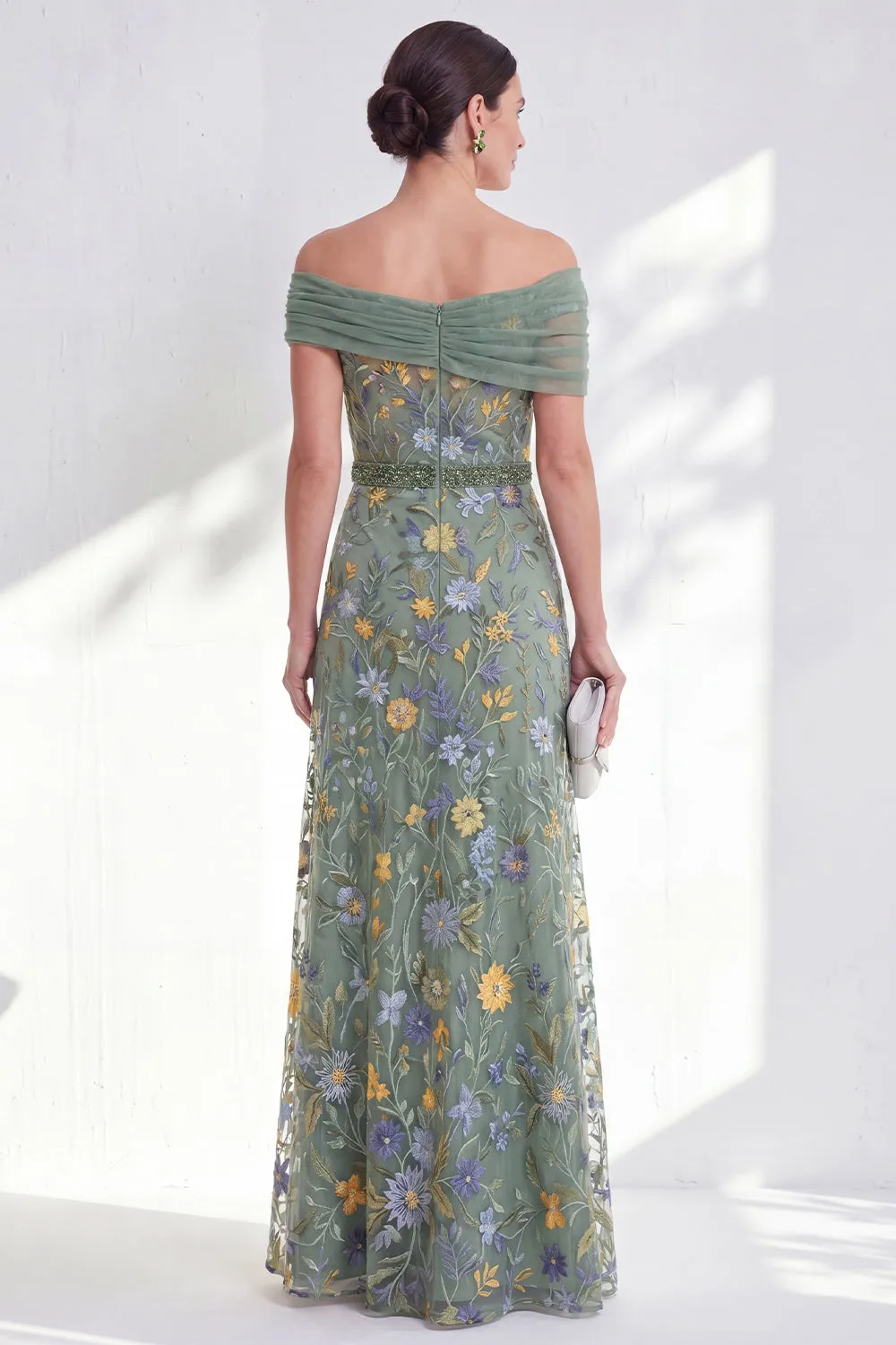 Green A-Line Off the Shoulder Floral Long Mother of the Bride Dress sold by Zapaka product image thumbnail 2