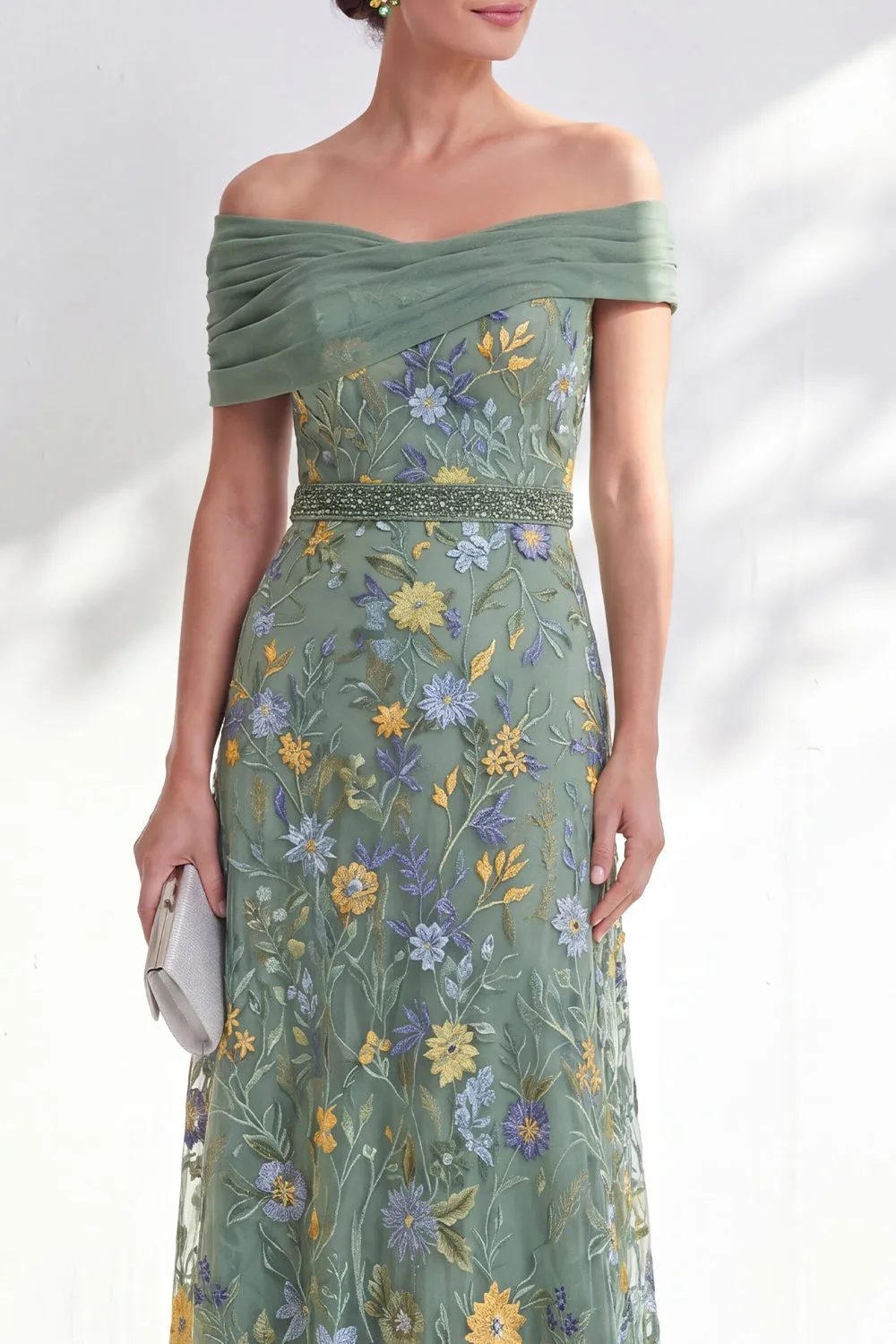 Green A-Line Off the Shoulder Floral Long Mother of the Bride Dress sold by Zapaka product image thumbnail 3