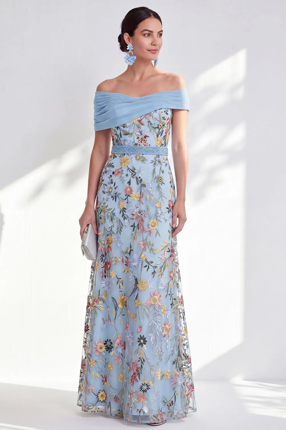 Green A-Line Off the Shoulder Floral Long Mother of the Bride Dress sold by Zapaka product image thumbnail 5