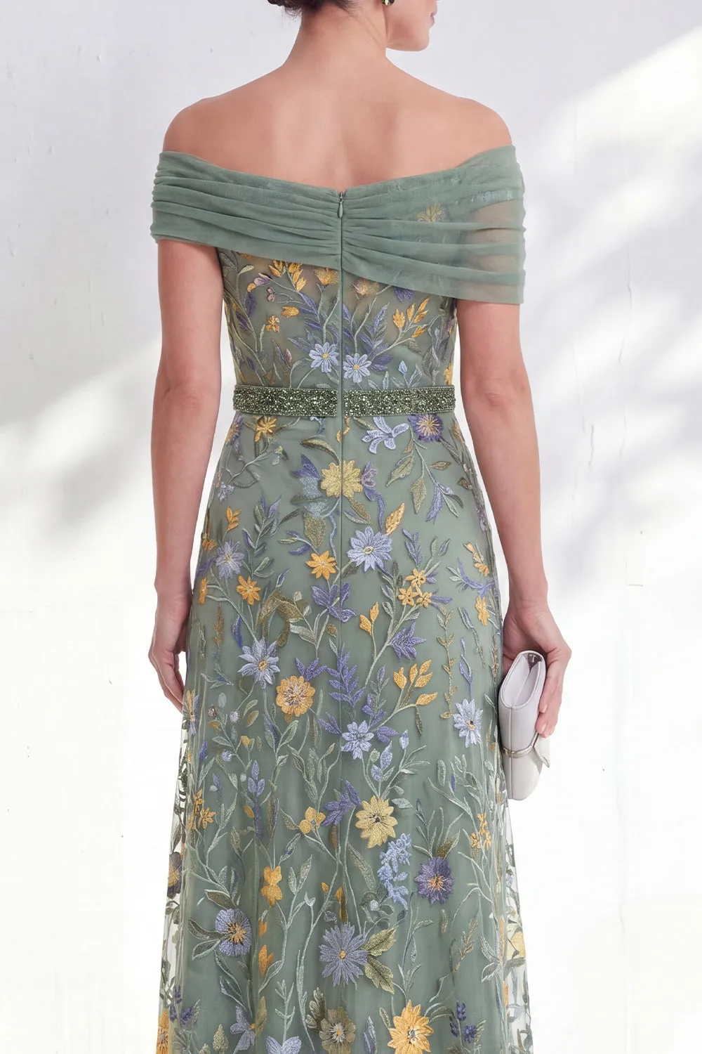 Green A-Line Off the Shoulder Floral Long Mother of the Bride Dress sold by Zapaka product image thumbnail 4