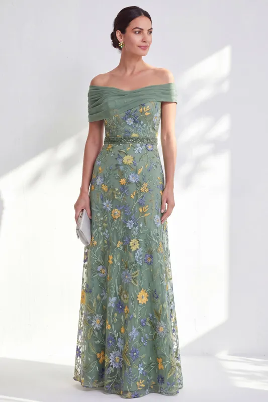 Green A-Line Off the Shoulder Floral Long Mother of the Bride Dress made by Zapaka