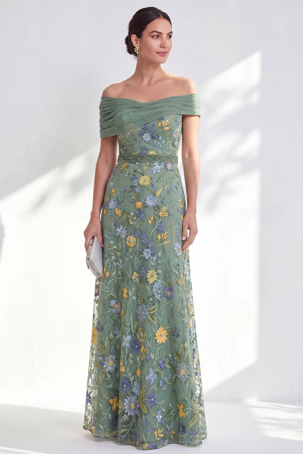 Green A-Line Off the Shoulder Floral Long Mother of the Bride Dress sold by Zapaka