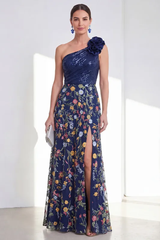 Sparkly A-Line Navy One Shoulder Sequins Floral Long Mother Of the Bride Dress with Slit made by Zapaka