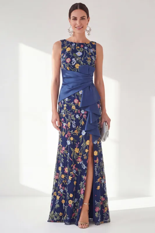 Navy Mermaid Bateau Neck Floral Long Mother of the Bride Dress with Slit made by Zapaka