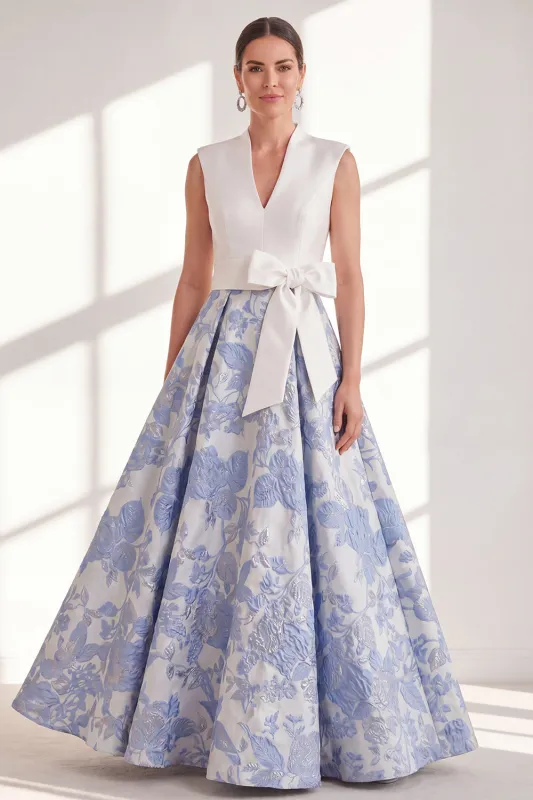 Blue A-Line V-Neck Long Mother Of the Bride Dress with Bow made by Zapaka