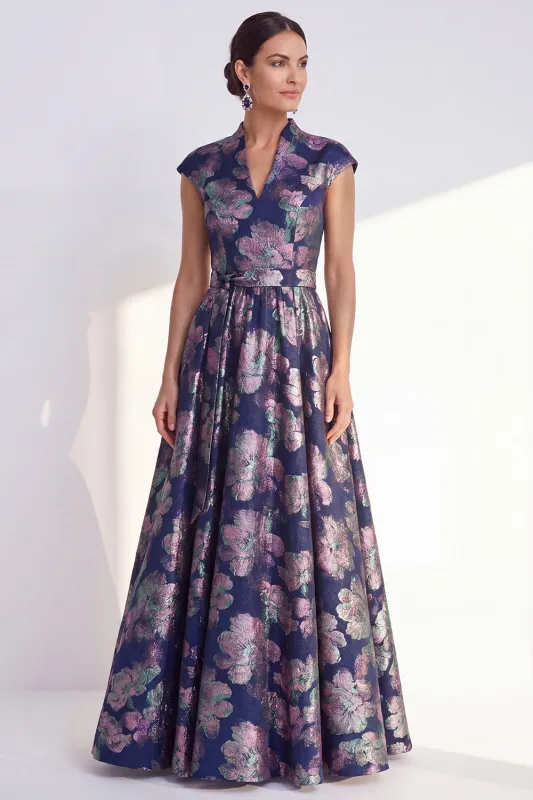 Navy A-Line Floral V-Neck Long Mother of the Bride Dress with Cap Sleeves made by Zapaka
