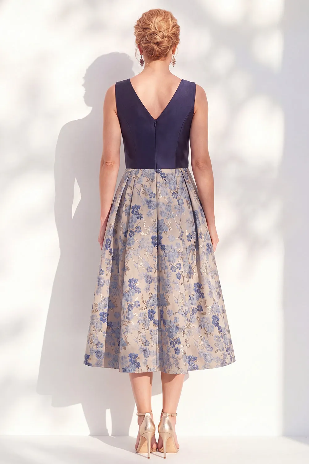 A-Line Navy V-Neck Floral Midi Mother of the Bride Dress sold by Zapaka product image thumbnail 2