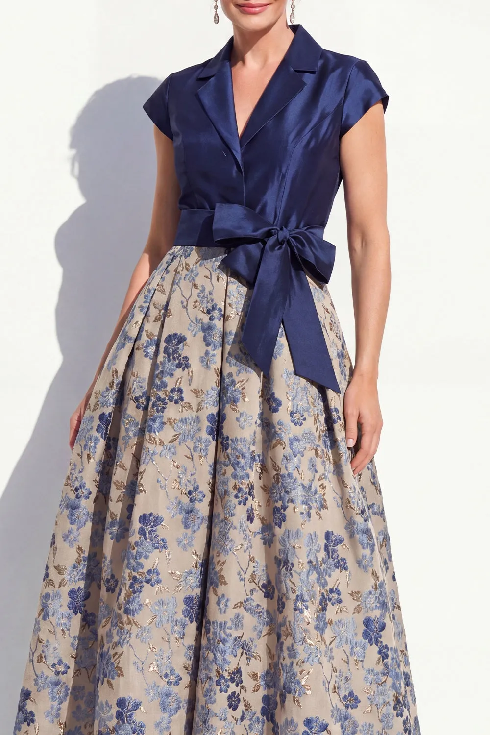 Navy A-Line V-Neck Notch Lapel Floral Long Mother of the Bride Dress with Bow sold by Zapaka product image thumbnail 3