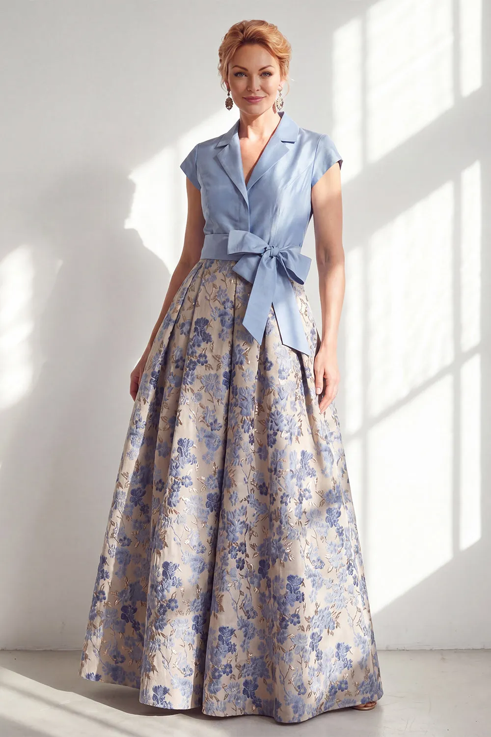 Navy A-Line V-Neck Notch Lapel Floral Long Mother of the Bride Dress with Bow sold by Zapaka product image thumbnail 5