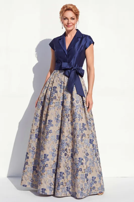 Navy A-Line V-Neck Notch Lapel Floral Long Mother of the Bride Dress with Bow made by Zapaka