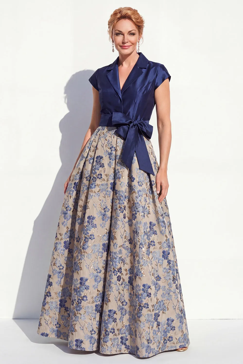 Navy A-Line V-Neck Notch Lapel Floral Long Mother of the Bride Dress with Bow sold by Zapaka