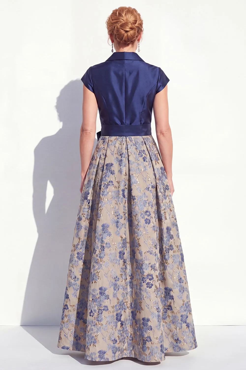 Navy A-Line V-Neck Notch Lapel Floral Long Mother of the Bride Dress with Bow sold by Zapaka product image thumbnail 2