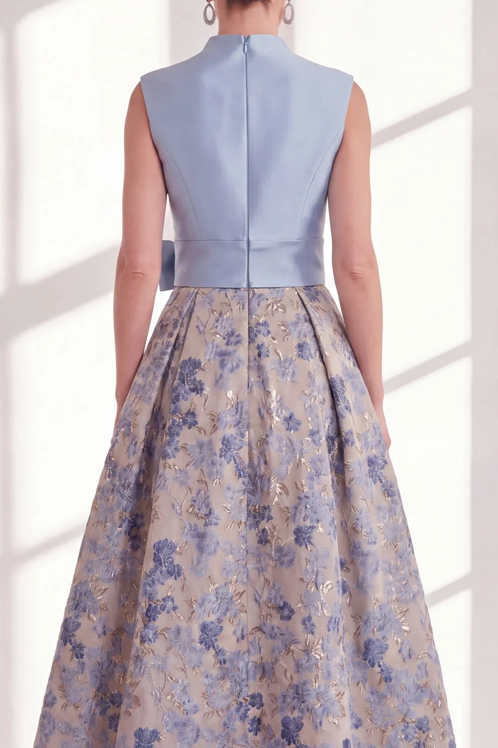 Blue A-Line V-Neck Floral Long Mother of the Bride Dress with Bow sold by Zapaka product image thumbnail 4
