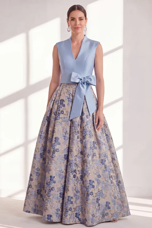 Blue A-Line V-Neck Floral Long Mother of the Bride Dress with Bow made by Zapaka