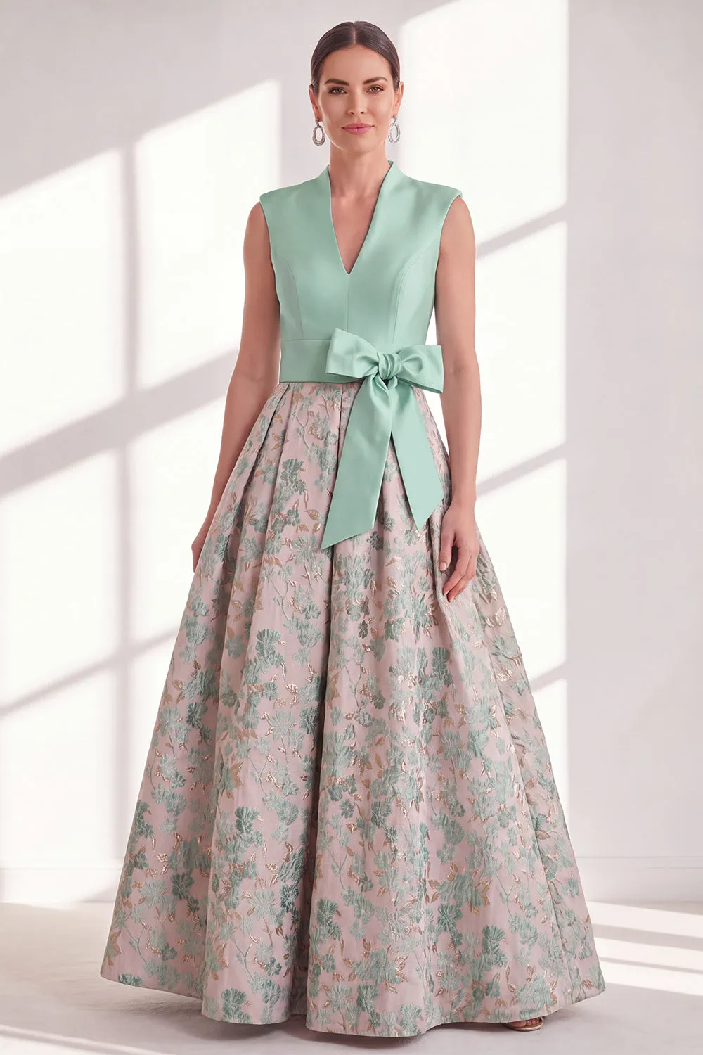 Blue A-Line V-Neck Floral Long Mother of the Bride Dress with Bow sold by Zapaka product image thumbnail 5