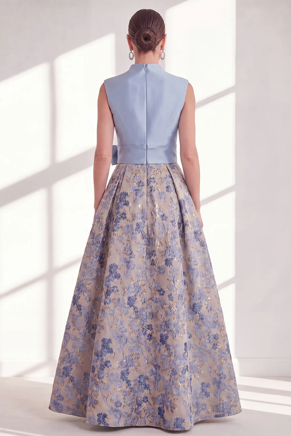 Blue A-Line V-Neck Floral Long Mother of the Bride Dress with Bow sold by Zapaka product image thumbnail 2