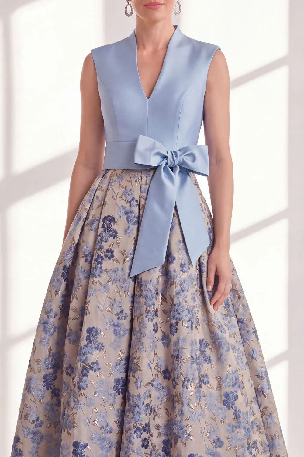 Blue A-Line V-Neck Floral Long Mother of the Bride Dress with Bow sold by Zapaka product image thumbnail 3