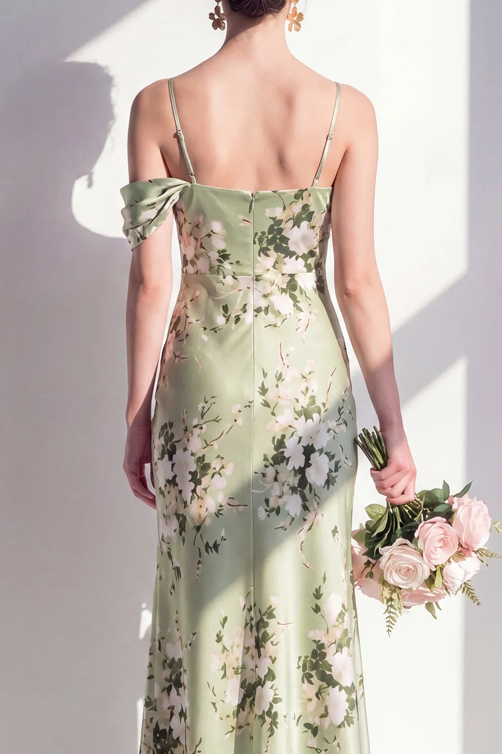 Satin Sage Green Mermaid Floral Spaghetti Straps Long Bridesmaid Dress sold by Zapaka product image thumbnail 4