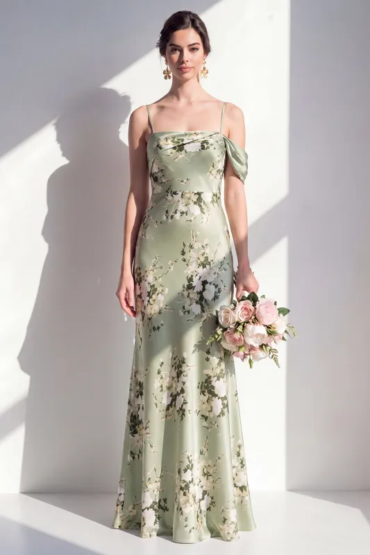 Satin Sage Green Mermaid Floral Spaghetti Straps Long Bridesmaid Dress made by Zapaka