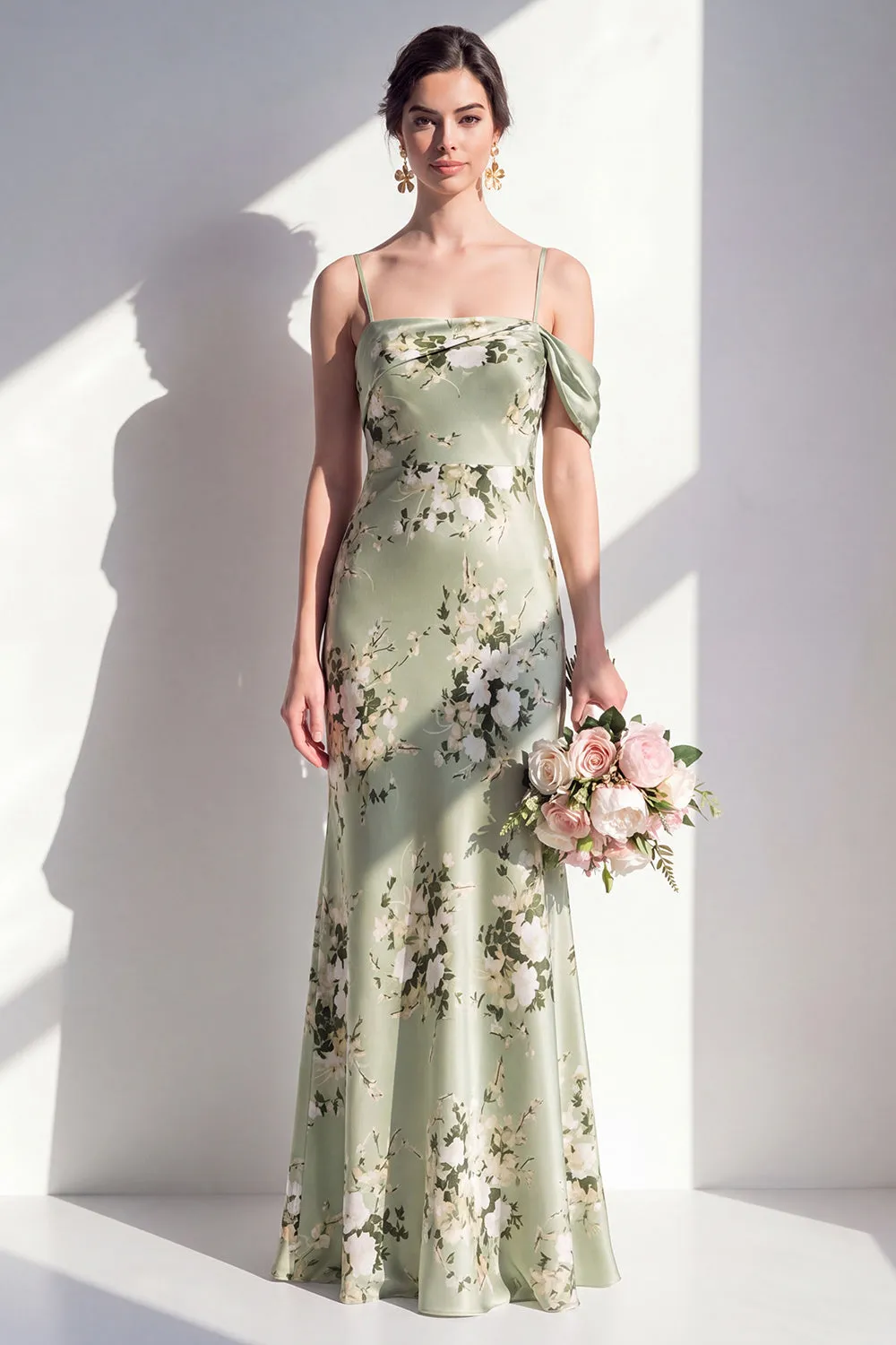 Satin Sage Green Mermaid Floral Spaghetti Straps Long Bridesmaid Dress sold by Zapaka