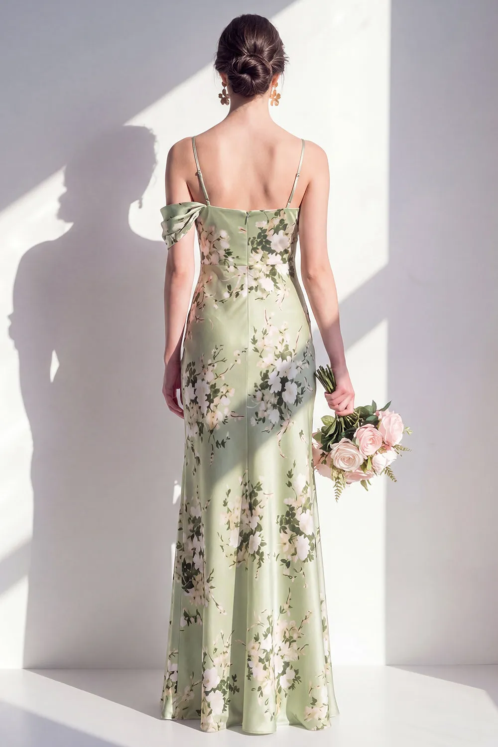 Satin Sage Green Mermaid Floral Spaghetti Straps Long Bridesmaid Dress sold by Zapaka product image thumbnail 2