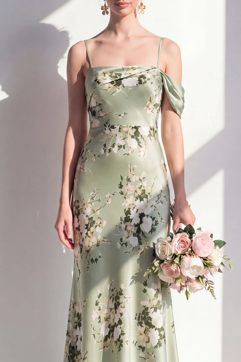 Satin Sage Green Mermaid Floral Spaghetti Straps Long Bridesmaid Dress sold by Zapaka product image thumbnail 3