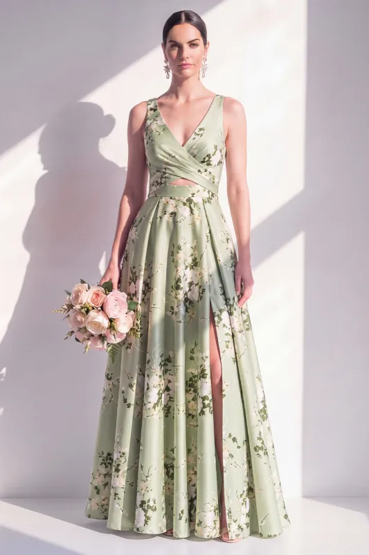 A-Line Sage Green Satin V-Neck Floral Long Bridesmaid Dress with Slit made by Zapaka