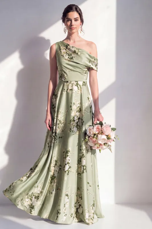 One Shoulder A-Line Sage Green Satin Floral Long Bridesmaid Dress made by Zapaka